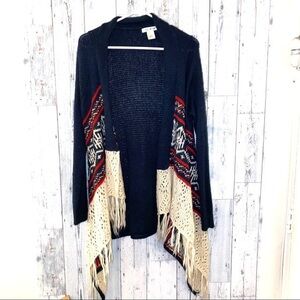 Boho M long cardigan w tassels free people navy knit sweater kimono